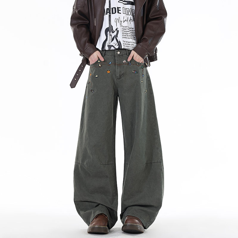 美式花卉刺绣军绿色牛仔裤男装秋季设计感阔腿宽松直筒微喇弯刀裤