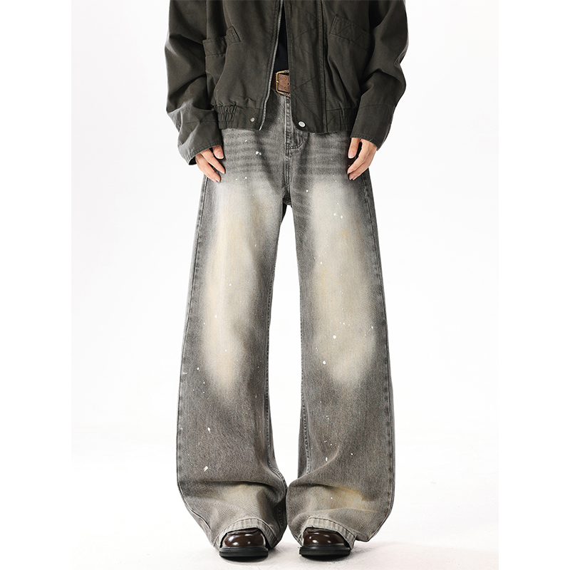 复古泼墨微喇牛仔裤男女半松紧显瘦cleanfit直筒水洗美式做旧长裤