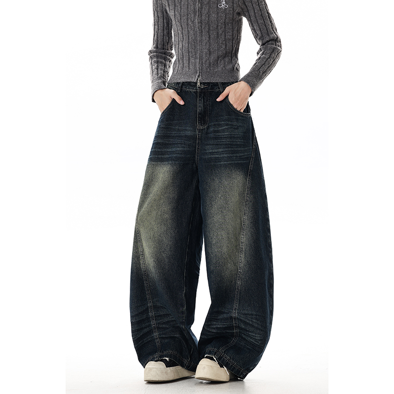 美式廓形黑色弯刀牛仔裤男女水洗做旧宽松垂感直筒阔腿拖地镰刀裤