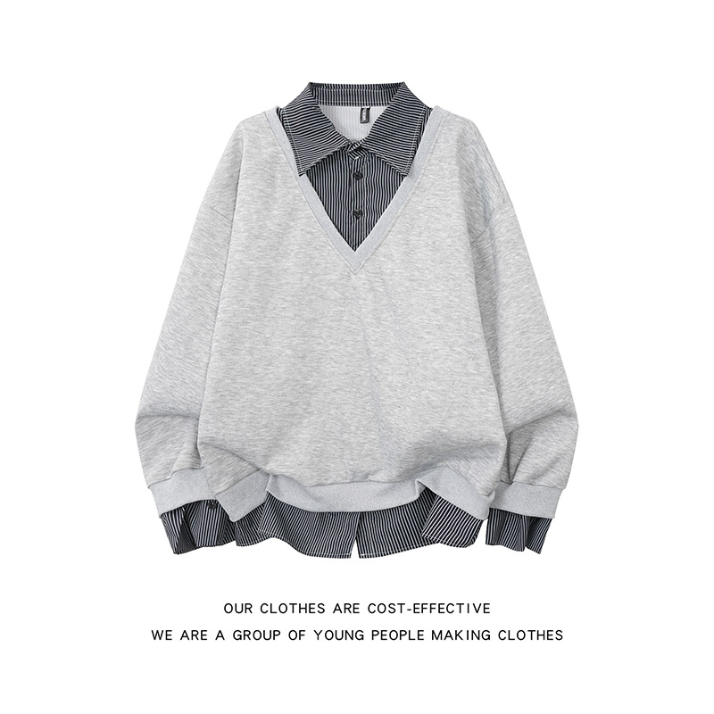 假两件POLO衫灰色卫衣男女春秋设计感拼接衬衫领长袖美式休闲上衣