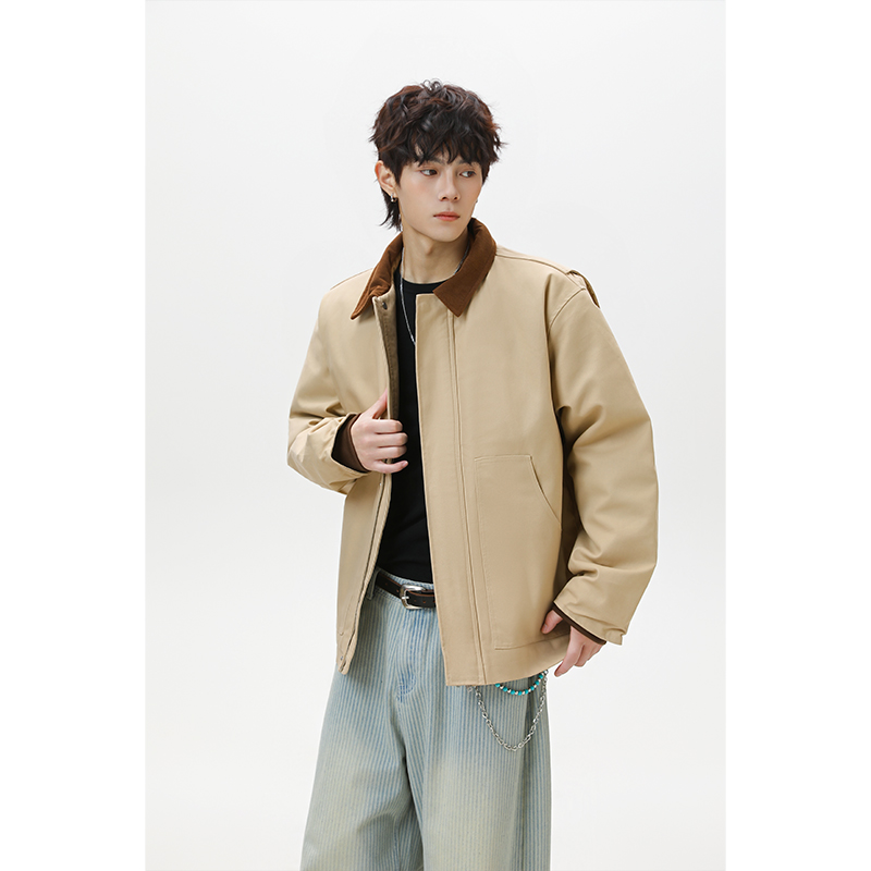 复古翻领工装夹克棉衣男冬季潮牌灯芯绒撞色外套户外休闲棉服上衣