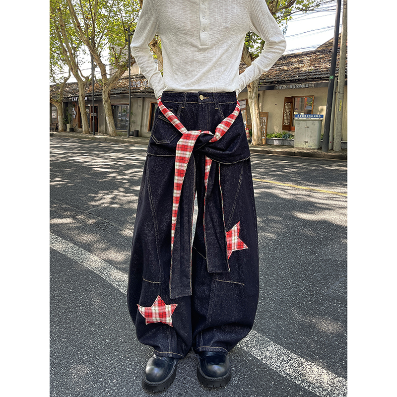叠穿感屁帘格子星星贴布弯刀牛仔裤男女美式街头宽松直筒阔腿长裤