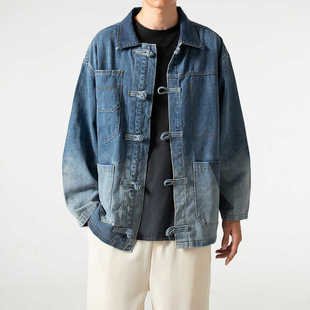 外套男女水洗做旧拼接宽松休闲衬衣夹克 工装 新中式 设计感盘扣长袖