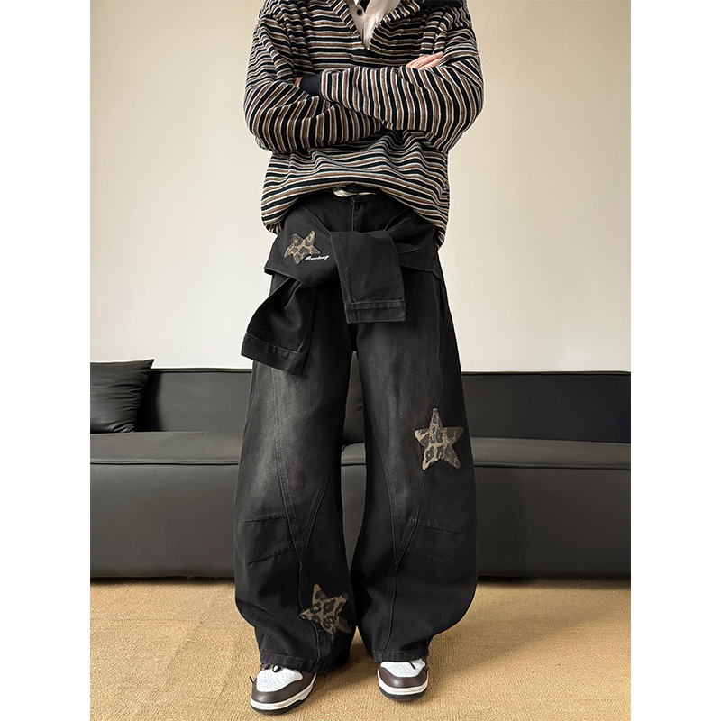 hiphop豹纹贴布星星刺绣绑带牛仔裤男女微喇设计感廓形弯刀拖地裤