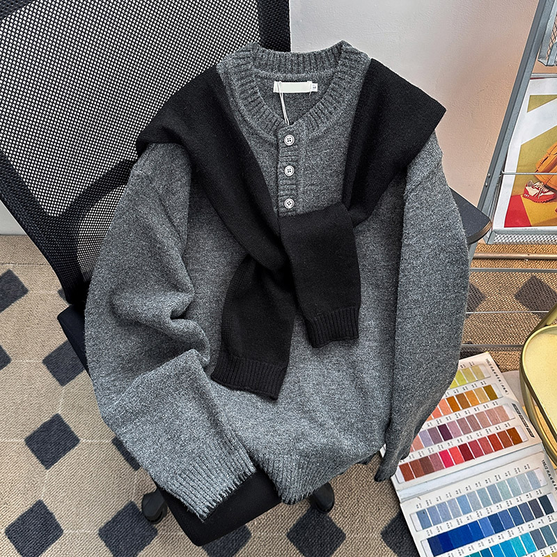 假两件披肩设计圆领长袖毛衣男女秋冬韩版休闲百搭套头针织衫外套