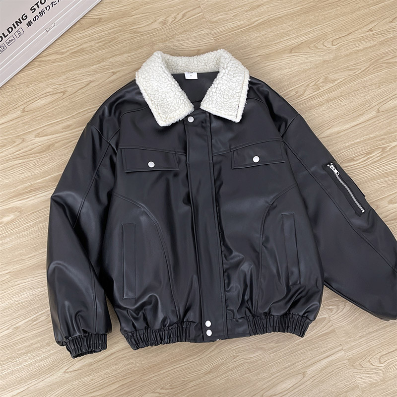 美式拼接羊羔毛棉服男女加厚pu皮宽松机车风棉袄保暖防寒毛领棉衣