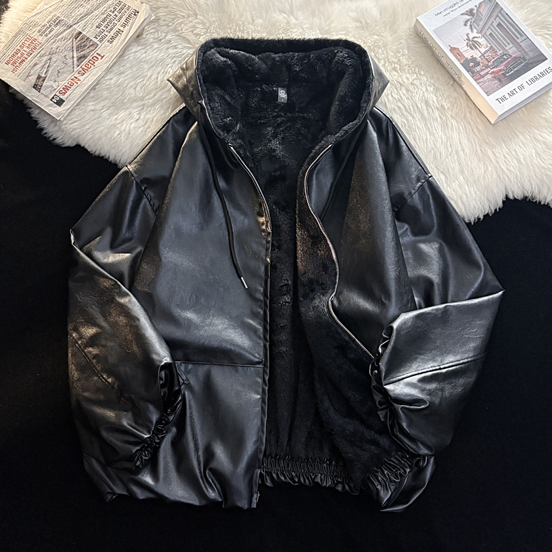 高级感双面穿机车服皮夹克男装街头短款PU皮潮牌复古廓形连帽外套