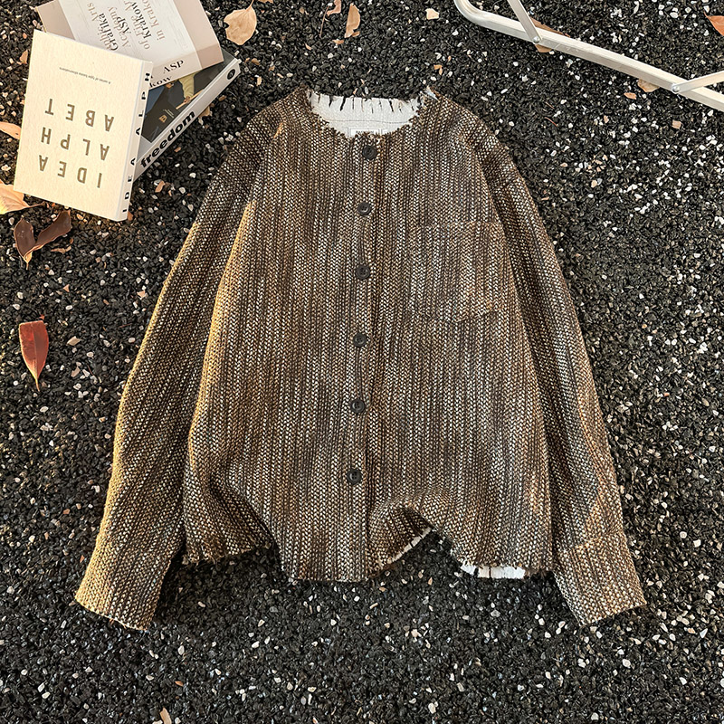 秋季百搭废土风混色编织毛边无领夹克外套男女轻奢高级感上衣休闲