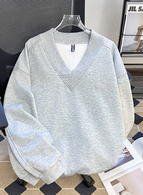 重磅灰色基础款V领卫衣男女款简约潮流休闲套头长袖纯色上衣早秋