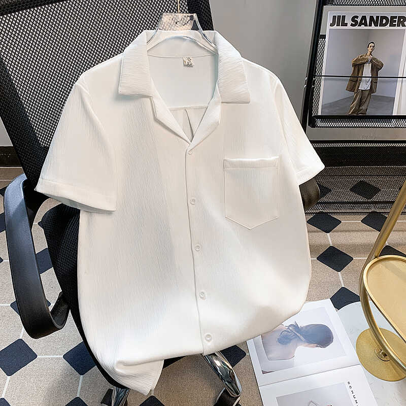 日系白色古巴领冰丝速干衬衫男女bf户外海边度假小众半袖开衫衬衣