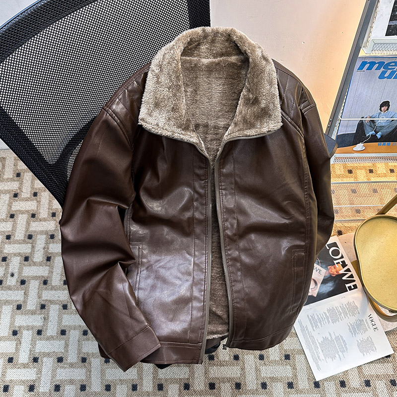 cleanfit工装加绒皮衣夹克男冬季复古哈灵顿加厚翻领短款pu皮外套
