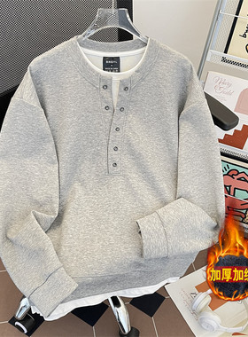 重磅假两件长袖加绒加厚卫衣男生宽松亨利领灰色打底衫体恤上衣潮