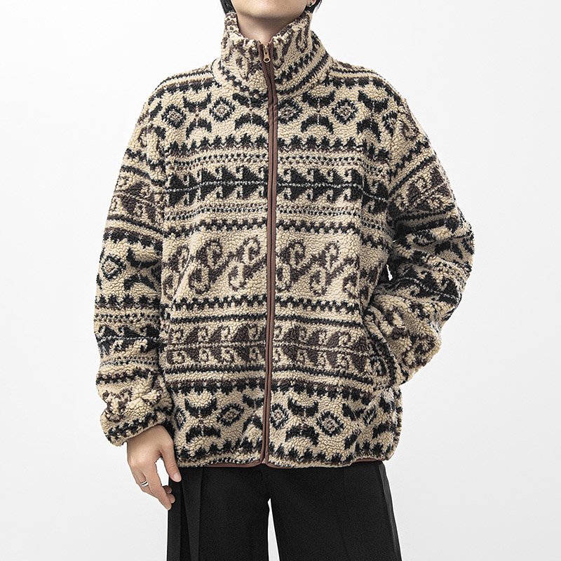 提花民族风立领摇粒绒夹克男女冬季2025年宽松加厚保暖羊羔毛外套
