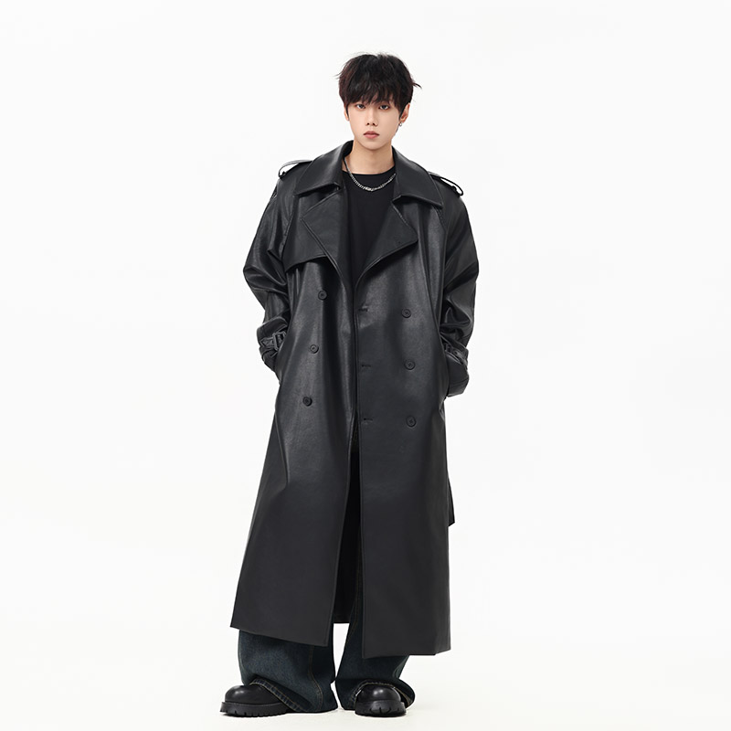 小众解构分割垫肩廓形PU皮大衣外套男女设计拼接夹克长款过膝风衣