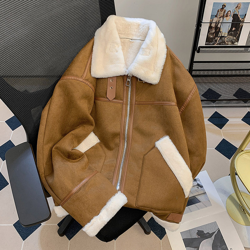 皮毛一体鹿皮绒棉服外套男生保暖百搭棉袄加绒加厚棉衣羊羔绒翻领