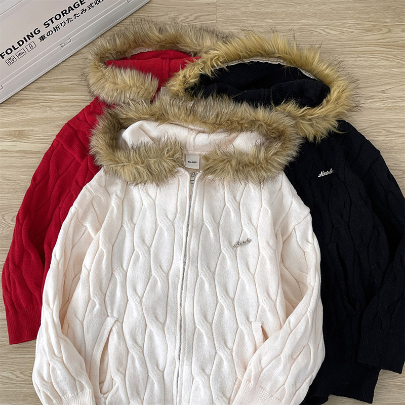 美式扭花毛领连帽毛衣开衫外套男女秋冬cleanfit针织毛衫上衣保暖