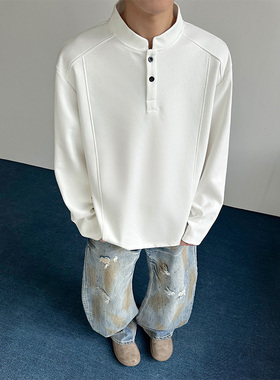 白灰色美式正肩亨利领长袖T恤男生美式春秋季宽松内搭体恤衫休闲