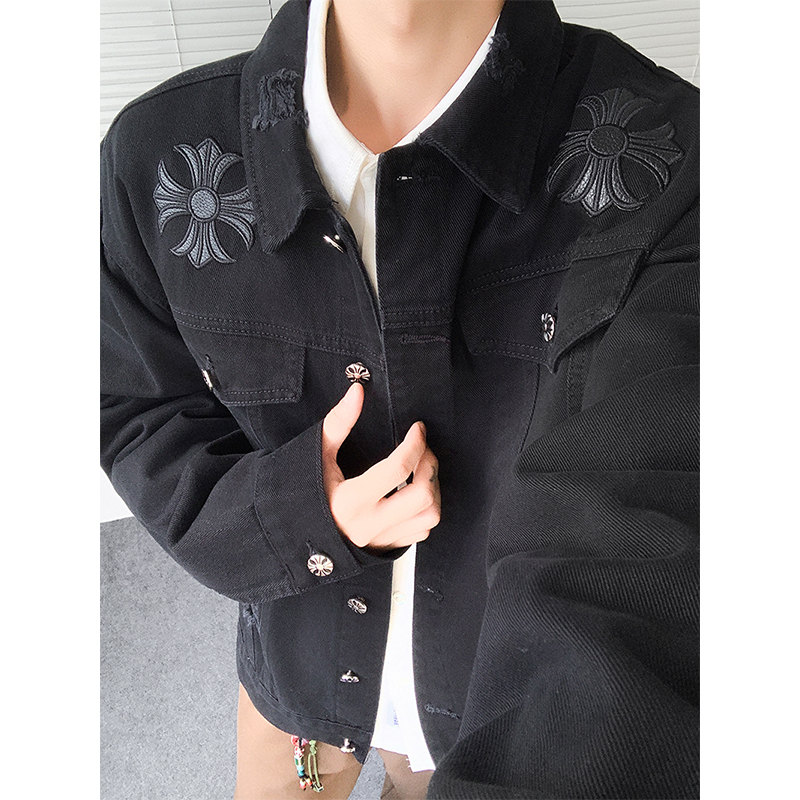 高级割烂铆钉刺绣PU皮外套男装痞帅短款cleanfit时尚正肩夹克褂子