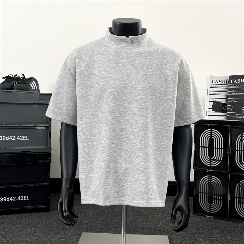 重磅垫肩立领短袖t恤男款夏季美式宽松休闲打底纯色上衣半袖简约