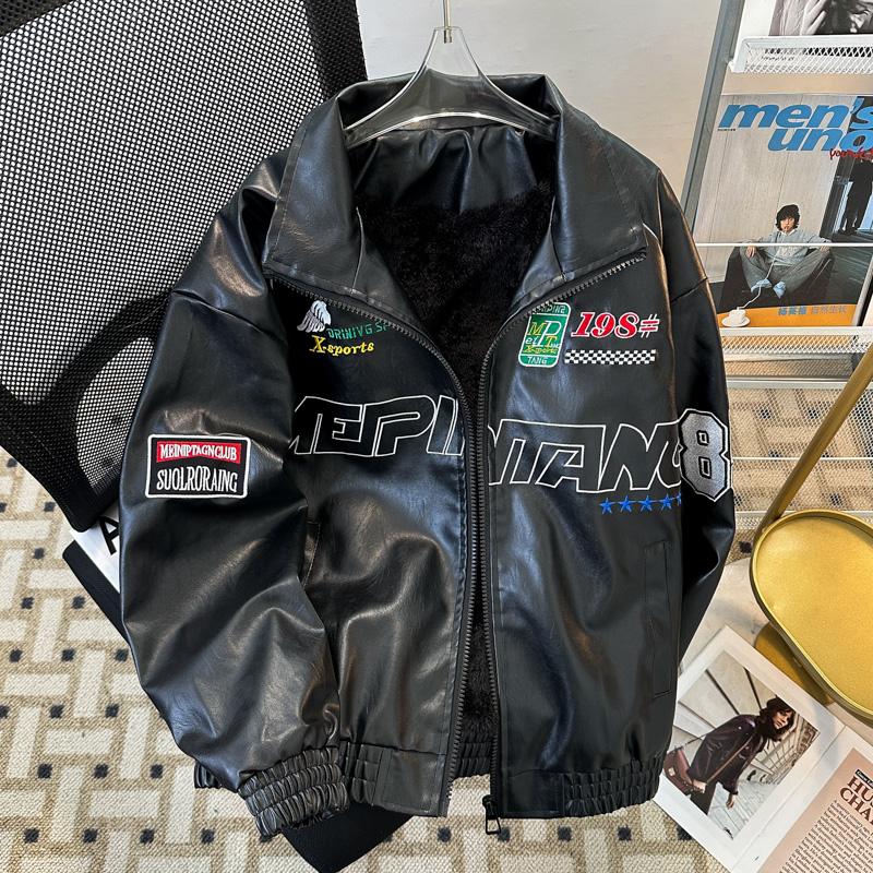 复古立领pu皮机车加绒夹克