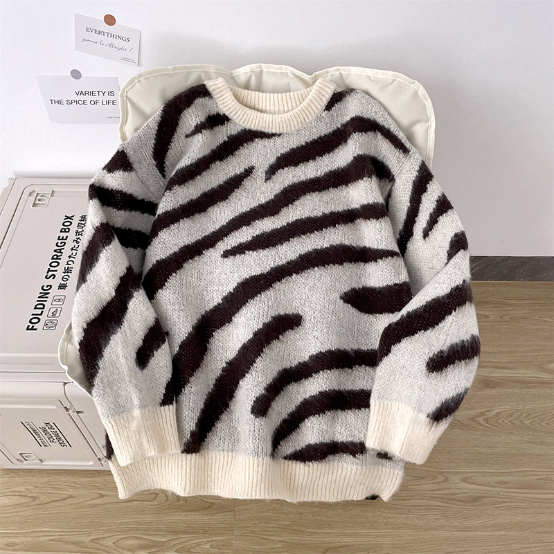 斑马纹加厚鹿毛绒毛衣男女冬季不规则撞色提花内搭圆领套头针织衫