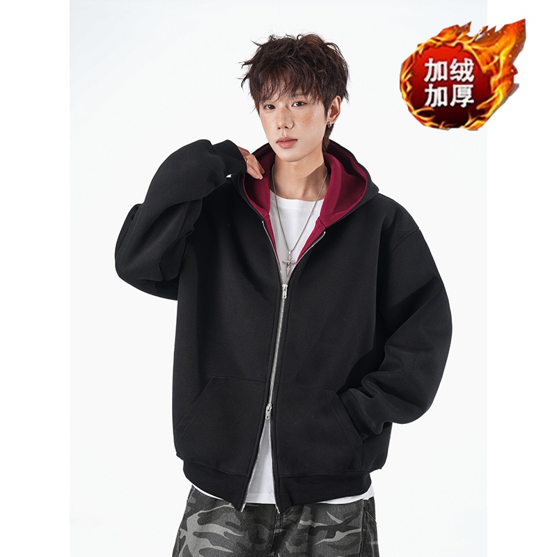 美式重磅双拉链加绒开衫卫衣男女款潮牌ins撞色硬挺加厚连帽外套