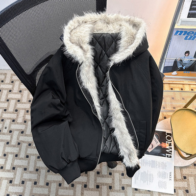 美式毛领连帽羽绒棉服男款冬季加厚短款飞行夹克高级工装棉衣外套