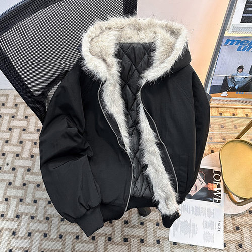 美式毛领连帽羽绒棉服男款冬季加厚短款飞行夹克高级工装棉衣外套