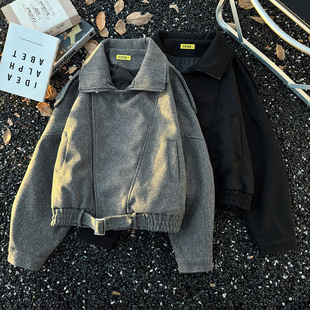 短款毛呢工装外套男装韩版秋冬款高级感痞帅廓形机车呢子夹克上衣