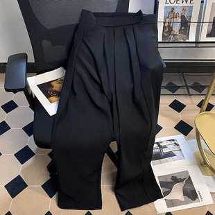 痞帅阔腿休闲直筒小西裤 夏季 男士 裤 黑色垂感 设计感褶设魔术贴西装