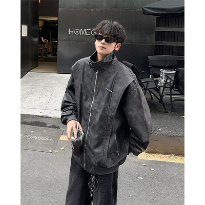 复古水洗做旧PU皮夹克男款秋冬cleanfit高级感垫肩立领机车服外套