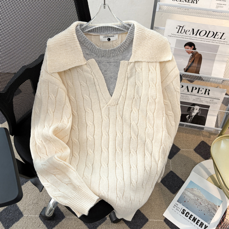 日系polo麻花长袖针织衫男生冬季新款宽松翻领假两件拼接保暖毛衣