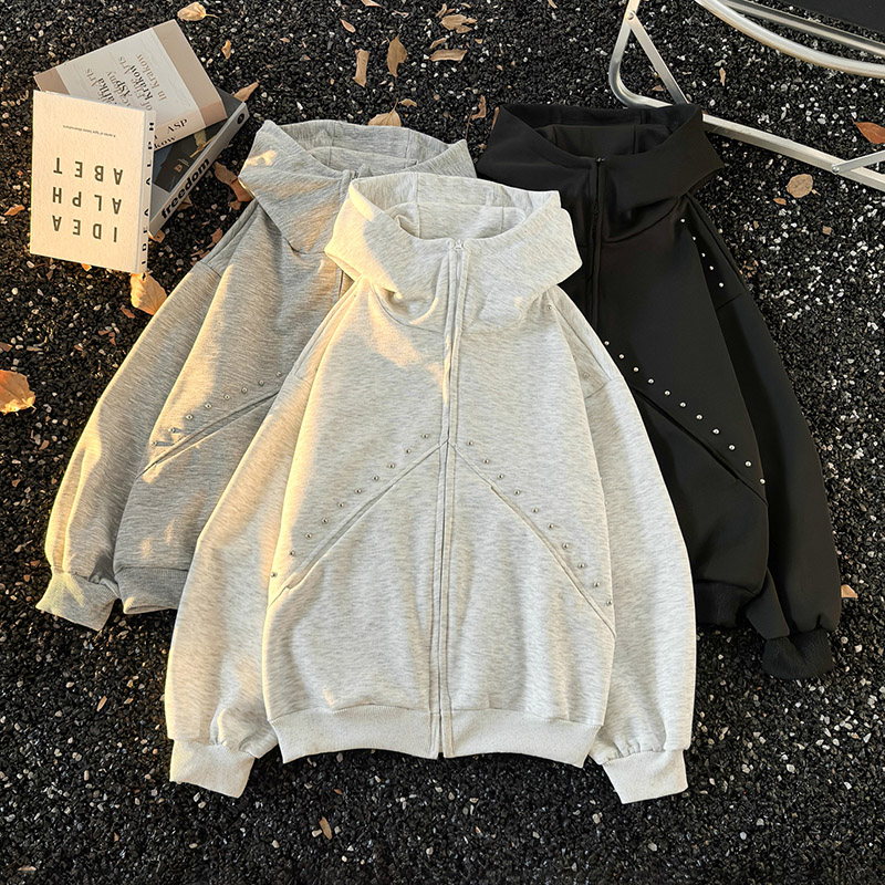 设计感铆钉拼接连帽卫衣男女款秋冬季潮ins小众百搭重磅情侣外套