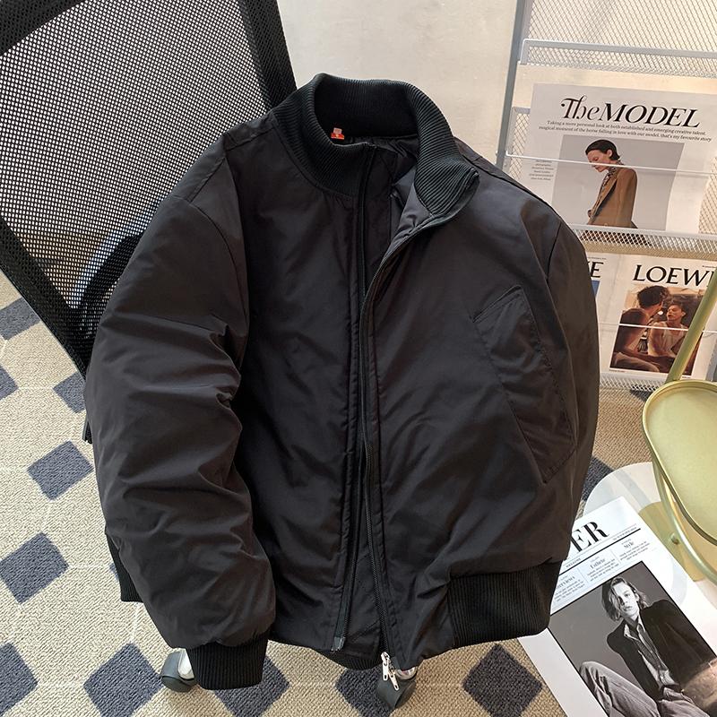 黑色立领飞行员廓形夹克棉服男士冬季短款保暖棒球领棉衣外套