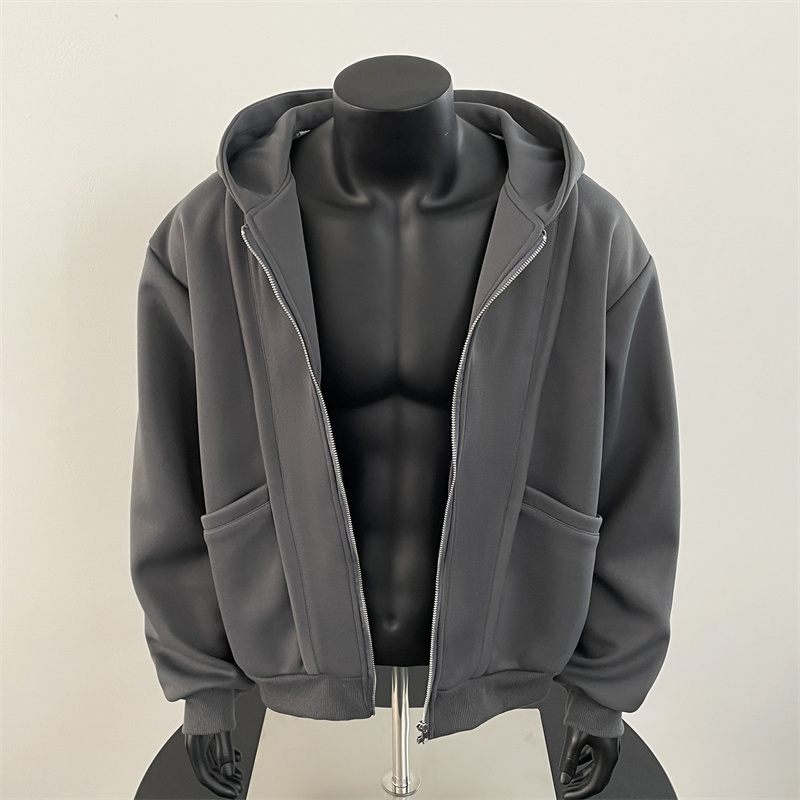 春秋美式短款开衫灰色卫衣男款高级感重磅硬挺连帽衫cleanfit外套