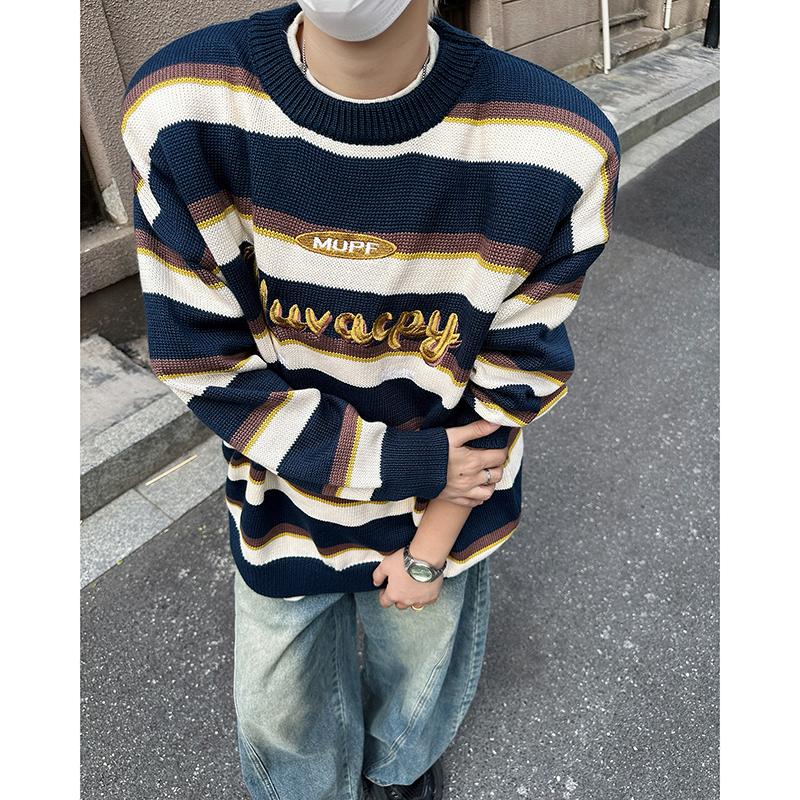 秋冬季条纹设计圆领刺绣毛衣男女韩版宽松保暖长袖针织衫外套潮牌