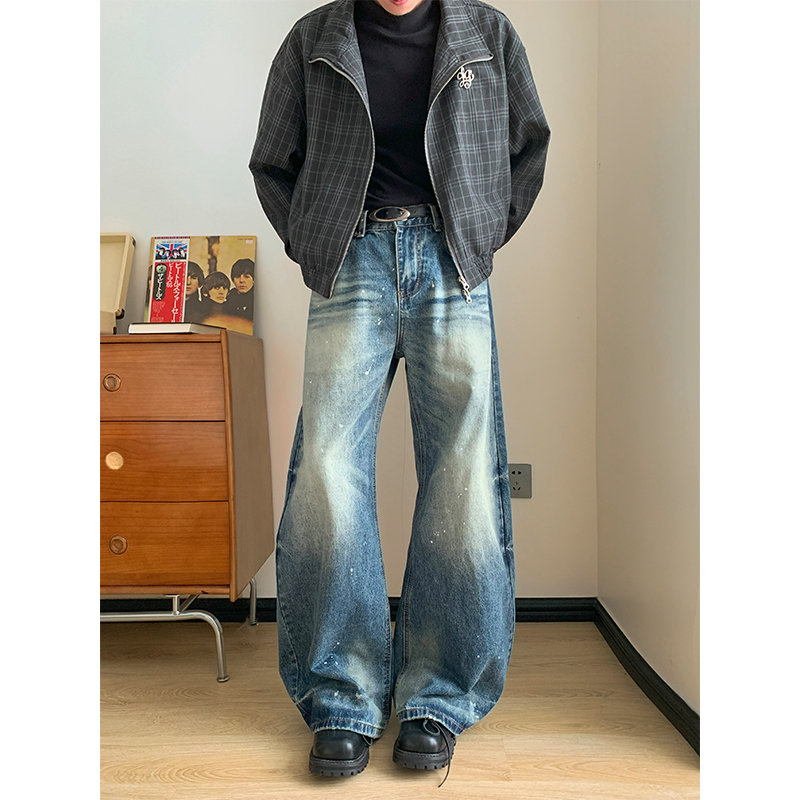 水洗美式猫须泼墨弯刀牛仔裤男女显瘦宽松做旧水洗阔腿拖地裤微喇