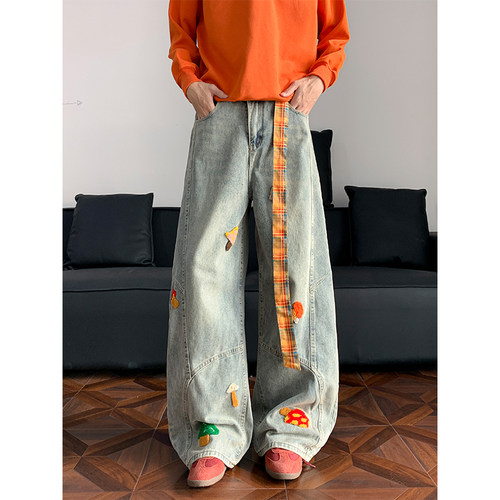 美式趣味卡通毛巾刺绣牛仔裤男女春秋设计感宽松阔腿弯刀拖地裤子
