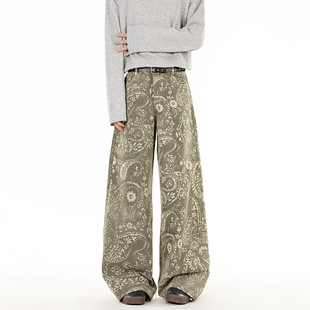 设计感宽松显瘦直筒休闲弯刀裤 复古腰果花阔腿牛仔裤 男女微喇秋季