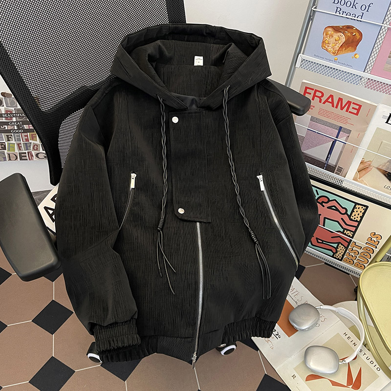 美式解构多拉链连帽PU皮衣外套男装秋季vibe街头设计感连帽皮夹克