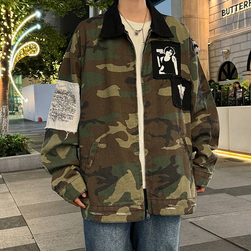 美式贴布设计cleanfit工装牛仔迷彩夹克外套男装小众宽松短款褂子