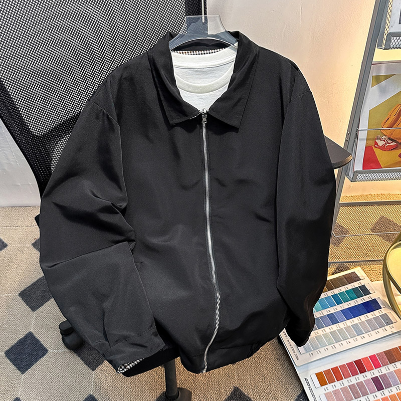 cleanfit黑色双面穿夹克衫男装春秋季短款外套翻领美式棒球服上衣