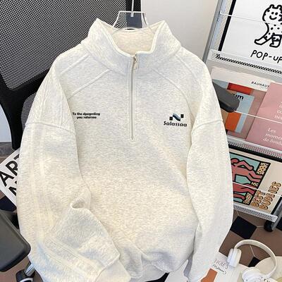 半拉链立领加绒加厚卫衣男女款美式重磅宽松休闲运动上衣套头