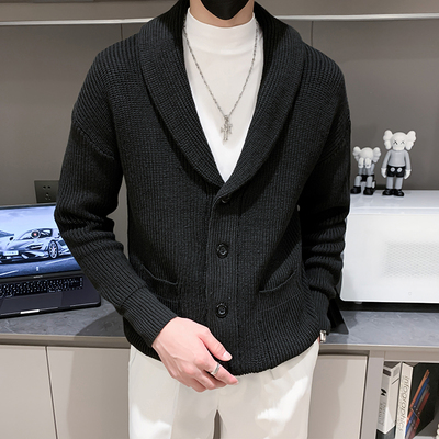 秋冬纯色V领开衫毛衣男