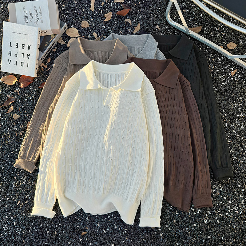 日系polo领麻花毛衣男生秋冬季潮流百搭纯色线衣高级感保暖针织衫