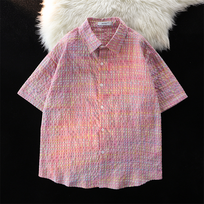 时尚泡泡纱宽松廊形短袖衬衫男女设计感小众ins外穿翻领衬衣开衫