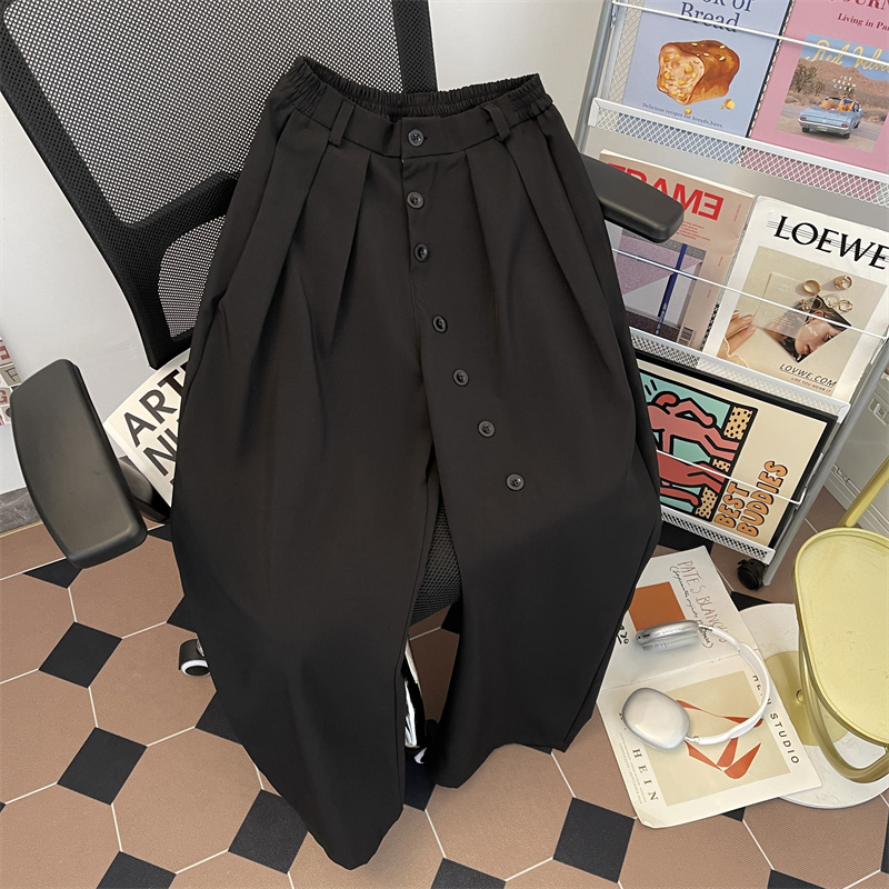 复古半松紧褶皱小西裤男装微喇小众直筒廓形纽扣垂感阔腿裤子西装