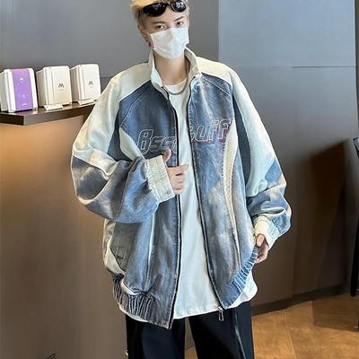 时尚重磅拼接水洗牛仔外套男款高级感上衣嘻哈痞帅立领夹克棒球服