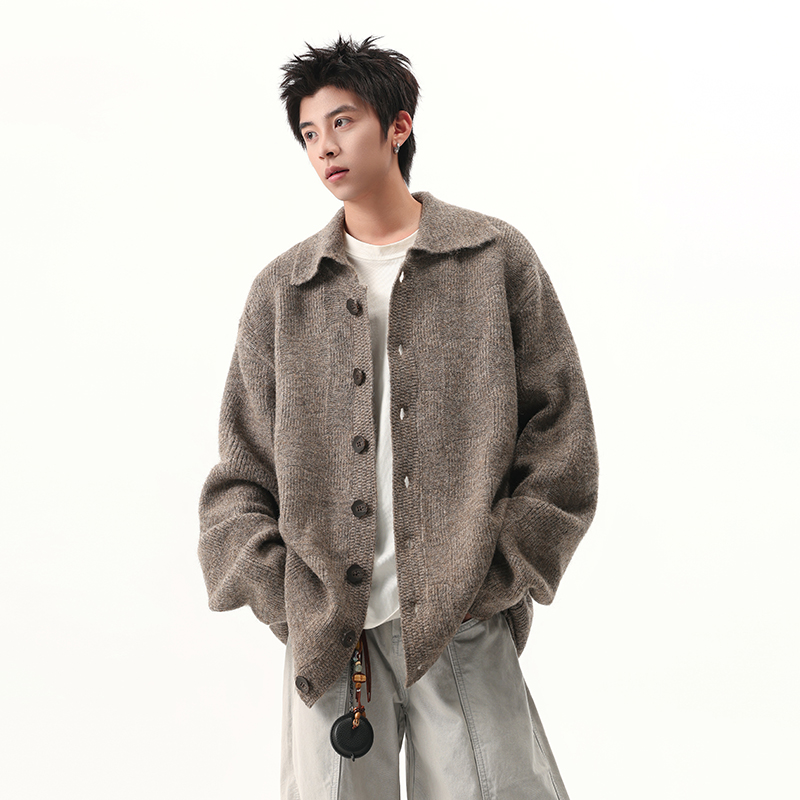 灰色美式开衫毛衣男高级感翻领针织衫cleanfit外套开衫立领长袖