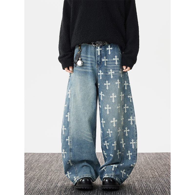 美式解构十字架印花牛仔裤男女微喇显瘦潮牌直筒设计感弯刀阔腿裤